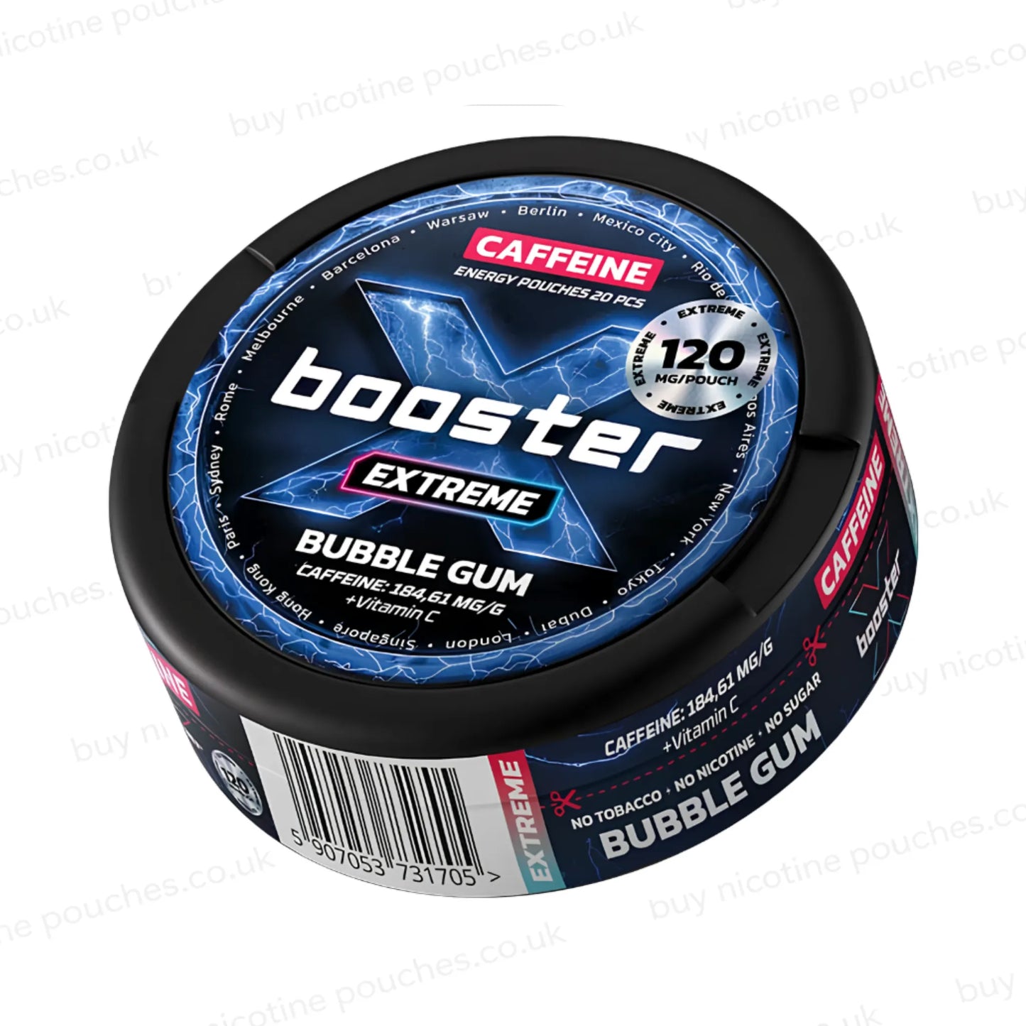 Angled shot of a black circular container with blue X Booster Extreme Caffeine Pouches 120mg branding on a white background.