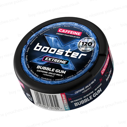 Angled shot of a black circular container with blue X Booster Extreme Caffeine Pouches 120mg branding on a white background.