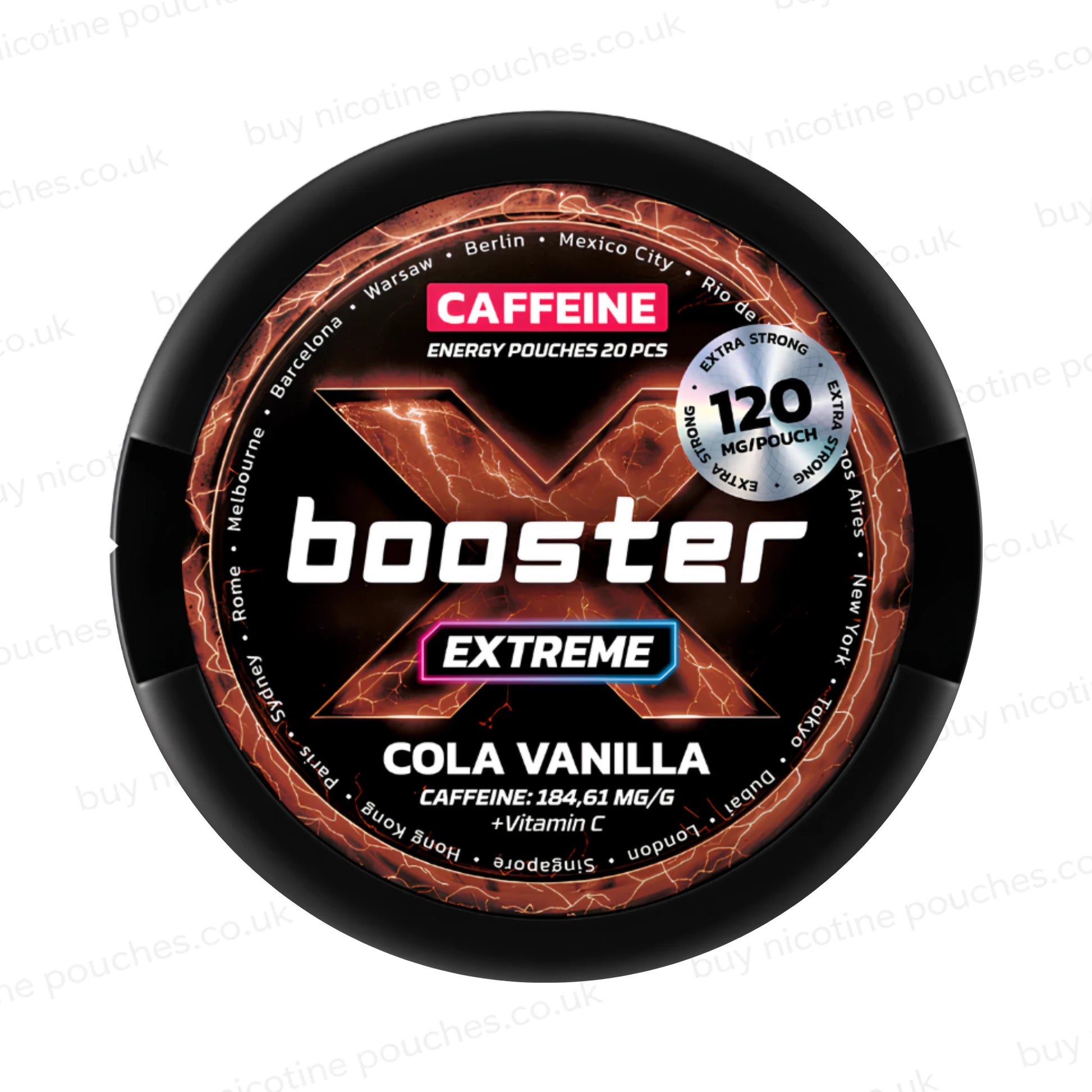 Black circular container with brown and white X Booster Cola Vanilla Caffeine Pouches branding on a white background.