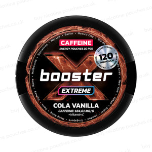 Black circular container with brown and white X Booster Cola Vanilla Caffeine Pouches branding on a white background.
