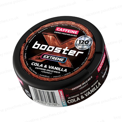 Angled shot of a black circular container with brown and white X Booster Cola Vanilla Caffeine Pouches branding on a white background.