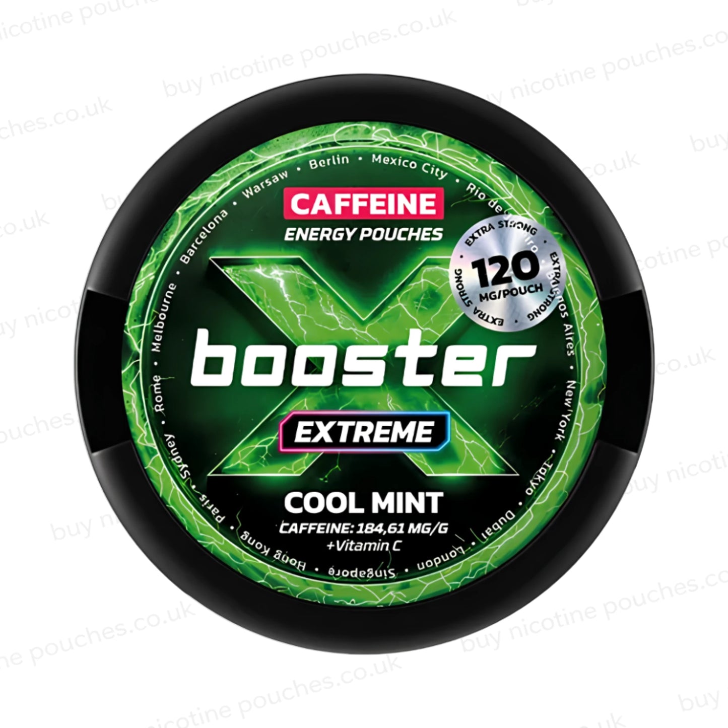 Black circular pouch container with green X Booster Cool Mint 120mg branding on a white background.