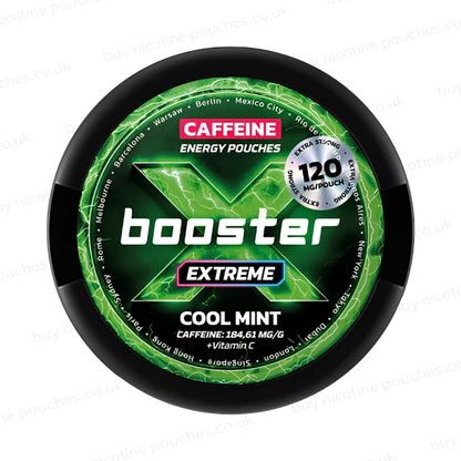 Black circular pouch container with green X Booster Cool Mint 120mg branding on a white background.