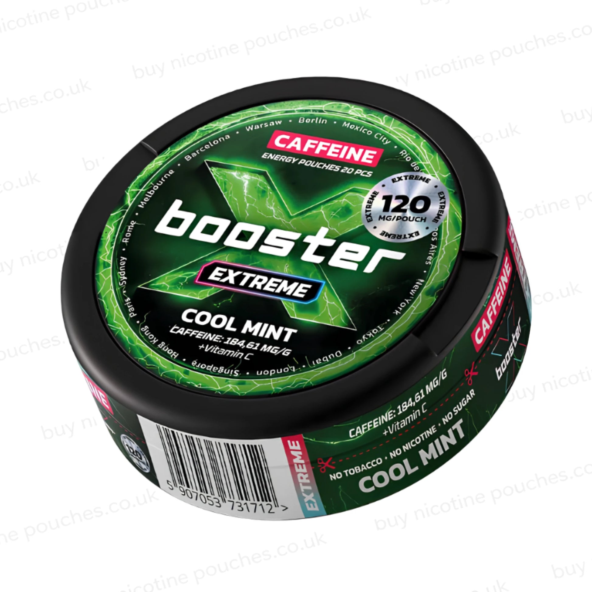 Angled shot of a black circular pouch container with green X Booster Cool Mint 120mg branding on a white background.