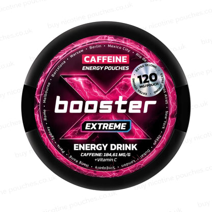 Black circular container with pink X Booster Energy Drink 120mg branding on a white background.