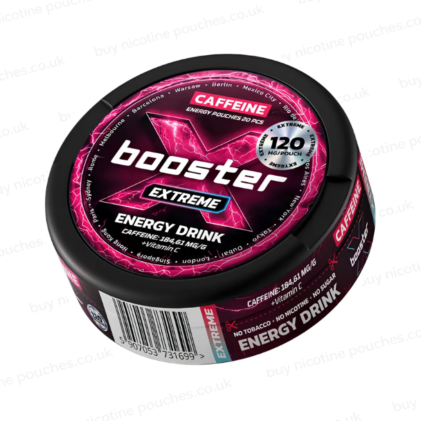 Angled shot of a black circular container with pink X Booster Energy Drink 120mg branding on a white background.