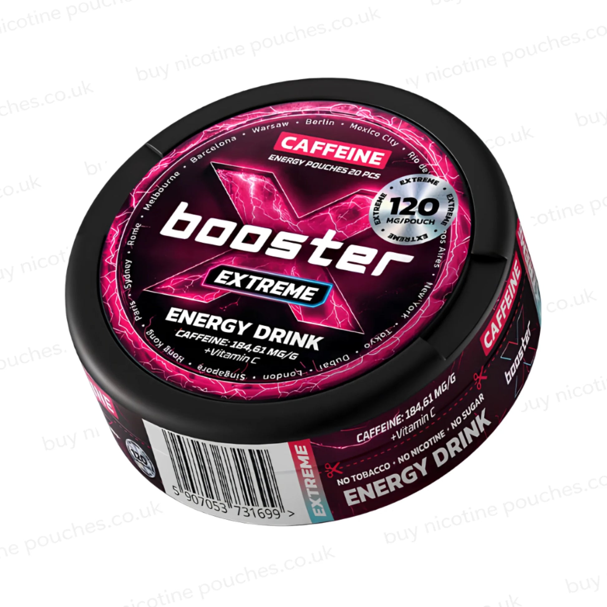 Angled shot of a black circular container with pink X Booster Energy Drink 120mg branding on a white background.