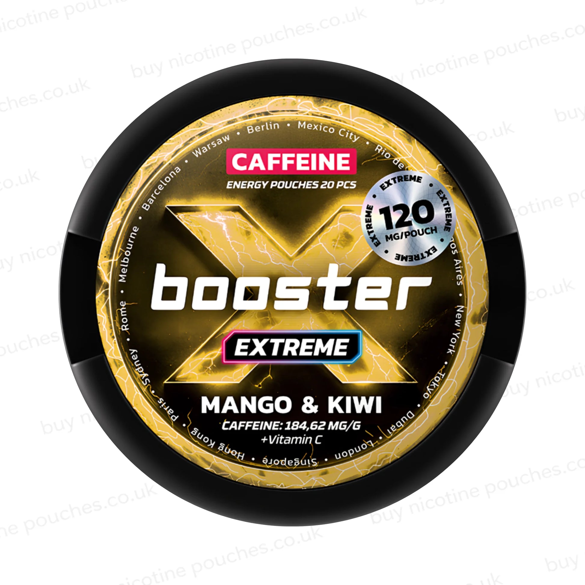 Black circular container with yellow X Booster Mango & Kiwi 120mg branding on a white background.