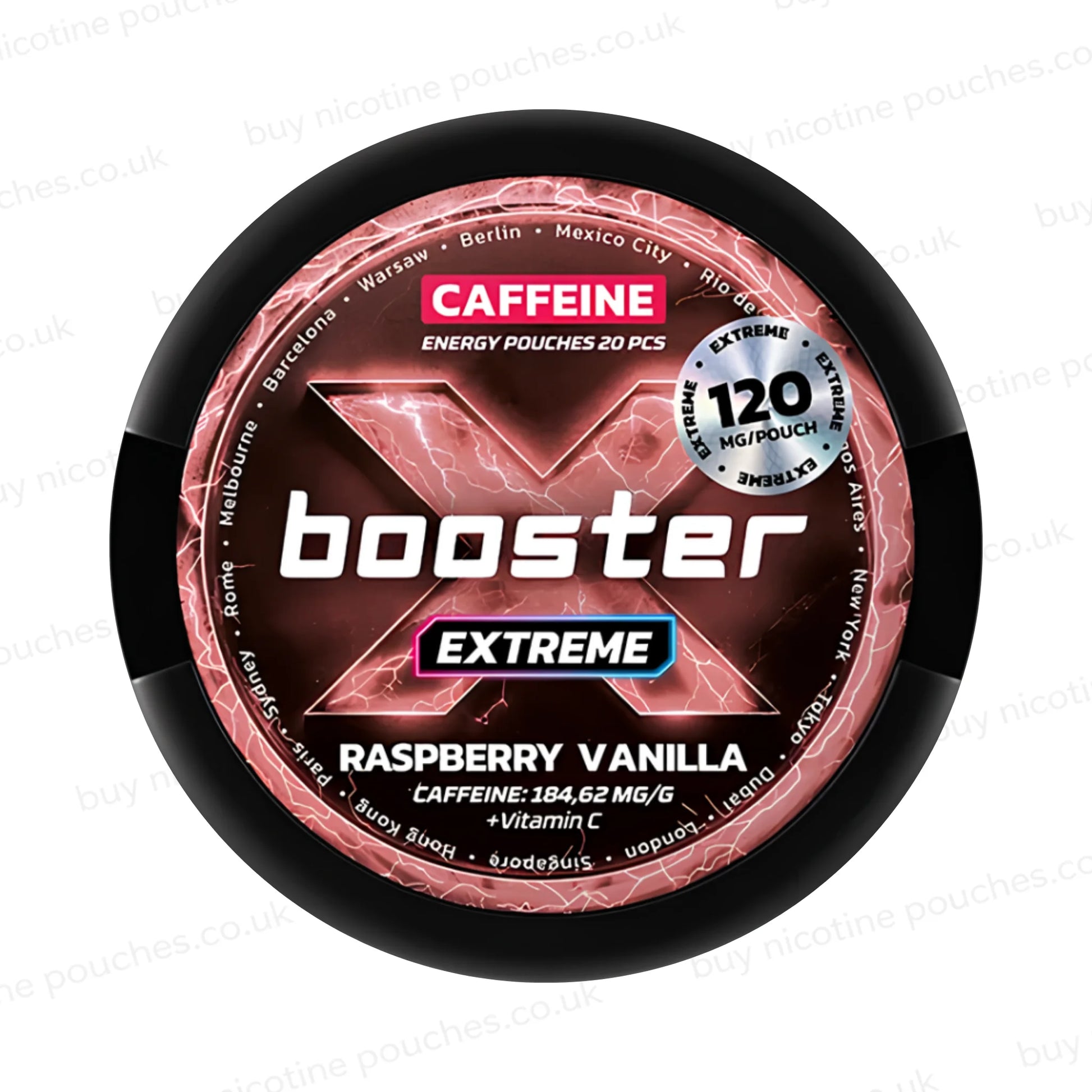 Black circular container with red X Booster Raspberry Vanilla branding on a  white background.