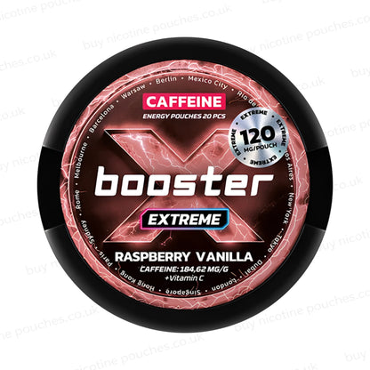 Black circular container with red X Booster Raspberry Vanilla branding on a  white background.