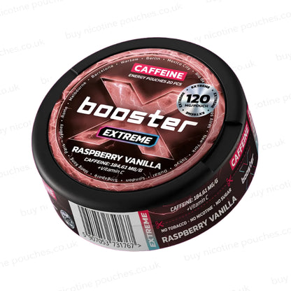 Angled shot of a black circular container with red X Booster Raspberry Vanilla branding on a  white background.